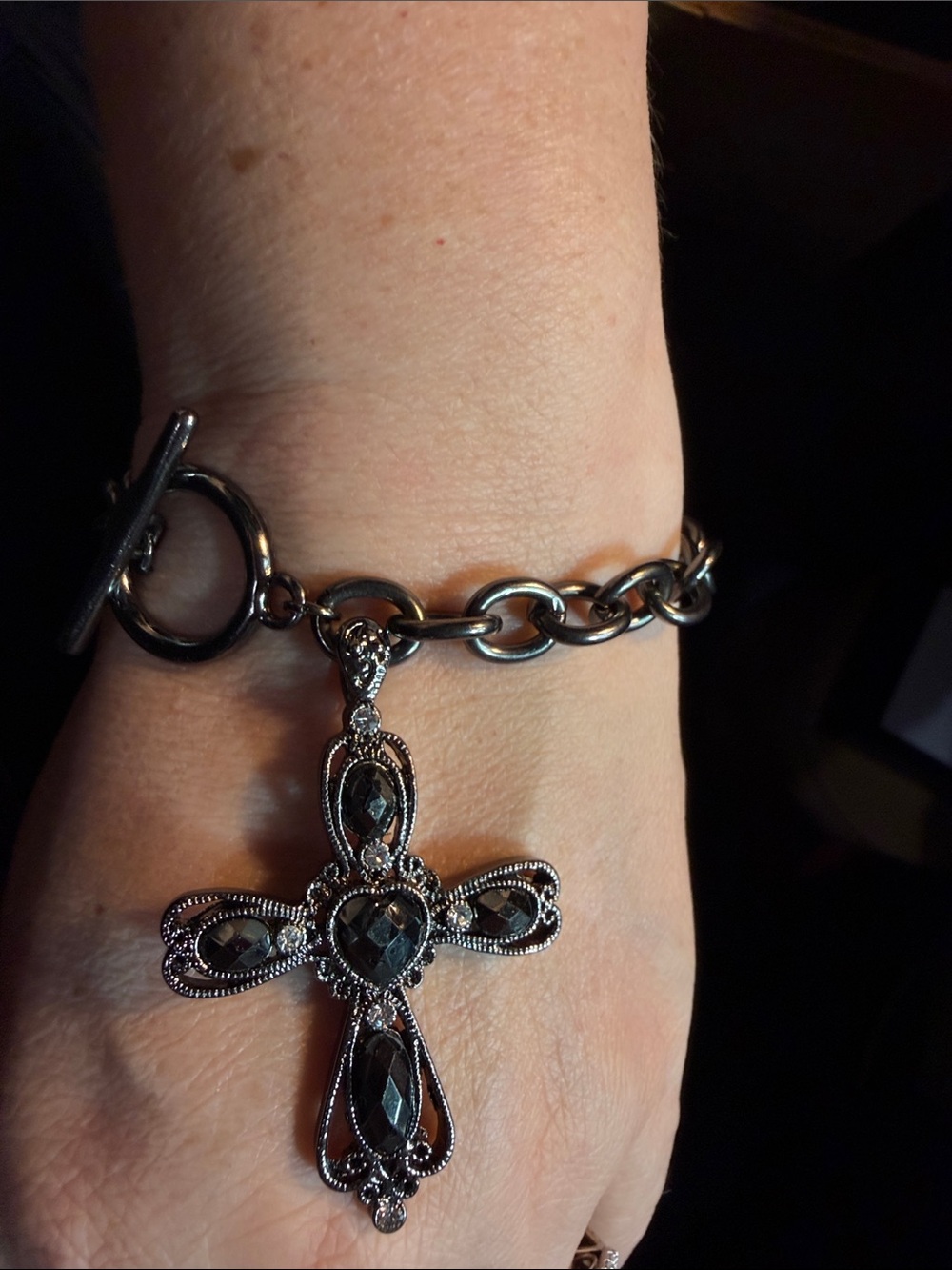 Black Stone Cross Charm Bracelet - Brand Unspecified
